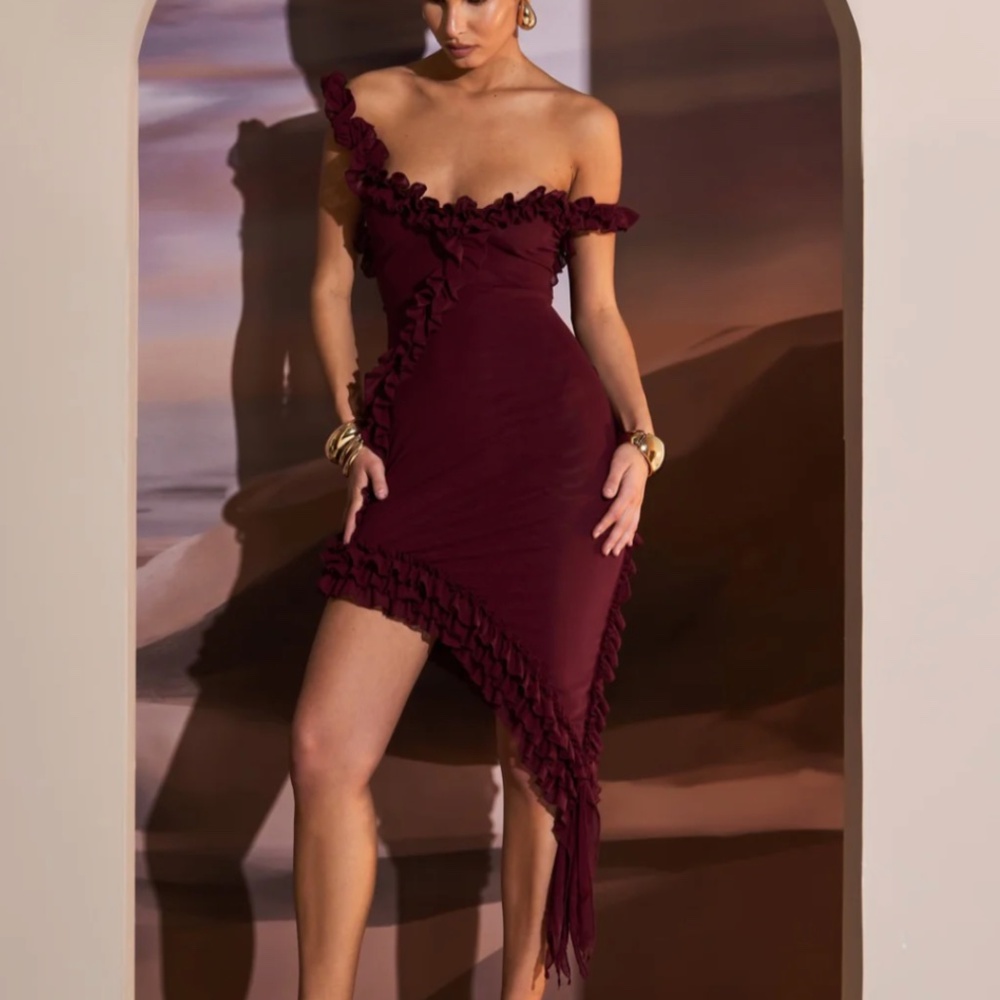 Murci Ruffle Detail Asymmetric dress Deep Maroon sz XS/2